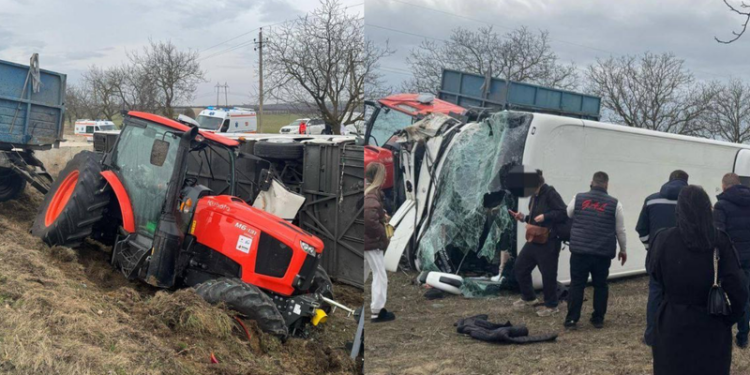 Accident grav în Ștefan Vodă: Un autocar s-a răsturnat după impactul cu un tractor, sunt victime |VIDEO
