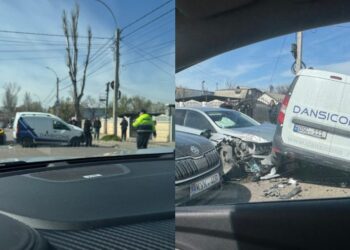 Trei mașini, avariate pe șoseaua Muncești. Un șofer a avut nevoie de îngrijiri medicale