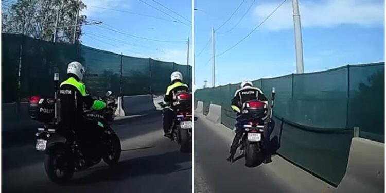 Căzătură spectaculoasă a unui polițist pe motocicletă, surprinsă de o cameră de bord
